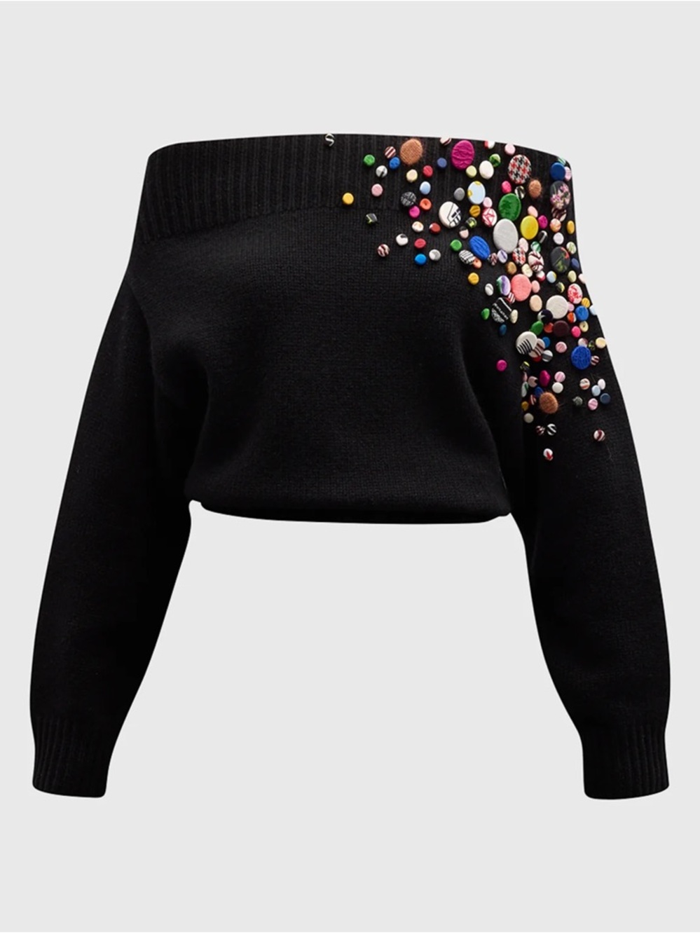 Black Off-Shoulder Sweater with Multicolor Embellishments